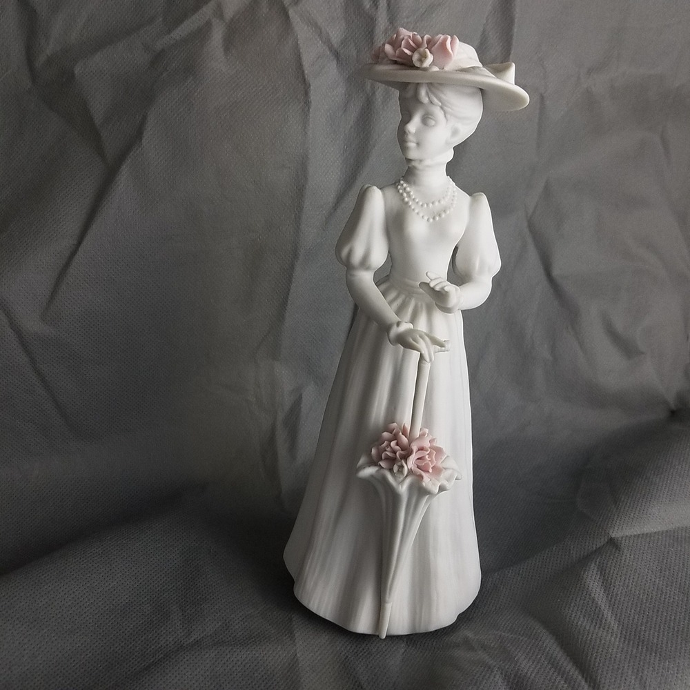 Vintage Enesco Porcelain Figurine Lady with Umbrella and Hat Pink Flowers